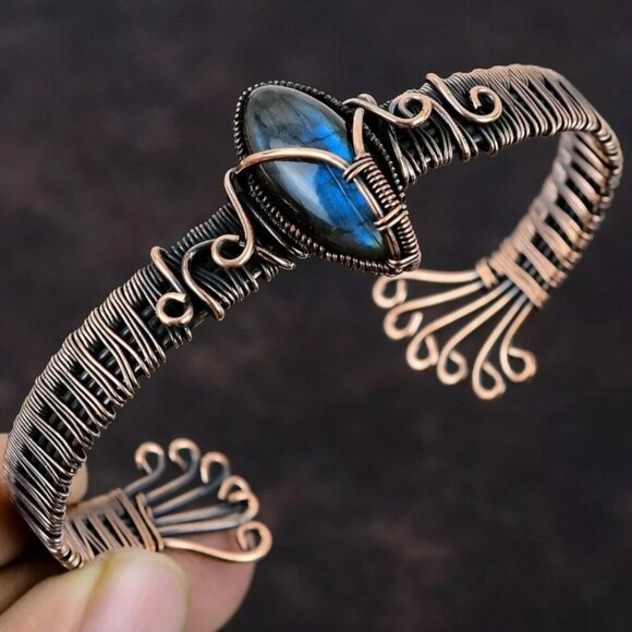 Handcrafted ✦ Marquise Labradorite Bangle ✦ Wire‑Wrapped Copper Bracelet NWT - Picture 2 of 13